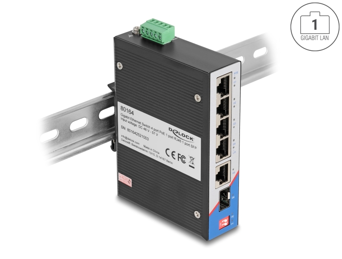 Delock Industrie Gigabit Ethernet Switch 4 Port PoE 1 Port RJ45 1 Port SFP für Hutschiene #1 