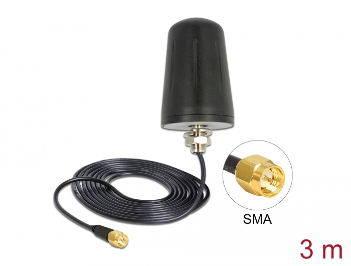 Delock WLAN 802.11 b/g/n Antenne SMA Stecker 3 dBi omnidirektional mit Anschlusskabel (RG-174, 3 m) Dachmontage outdoor schwarz #1 