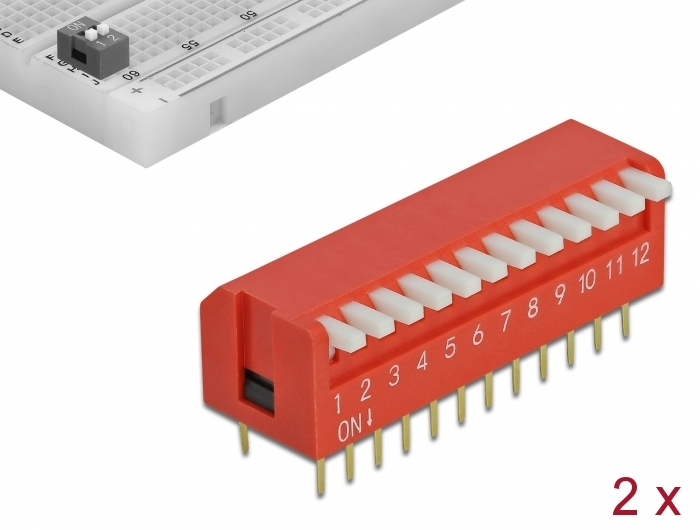 Delock DIP-Kippschalter Piano 12-stellig 2,54 mm Rastermaß THT vertikal rot 2 Stück #1 
