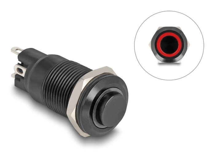 Delock Druckschalter zum Einbau schwarz 12 mm 12 V 4 x Lötanschluss LED rot Ring #1 