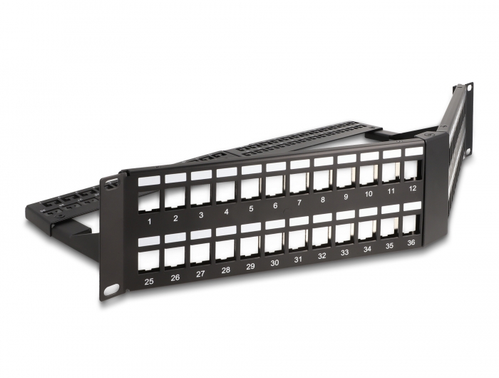 Delock 19″ Keystone Patchpanel 48 Port mit Entlastungsschiene 2 HE gewinkelt schwarz #1 