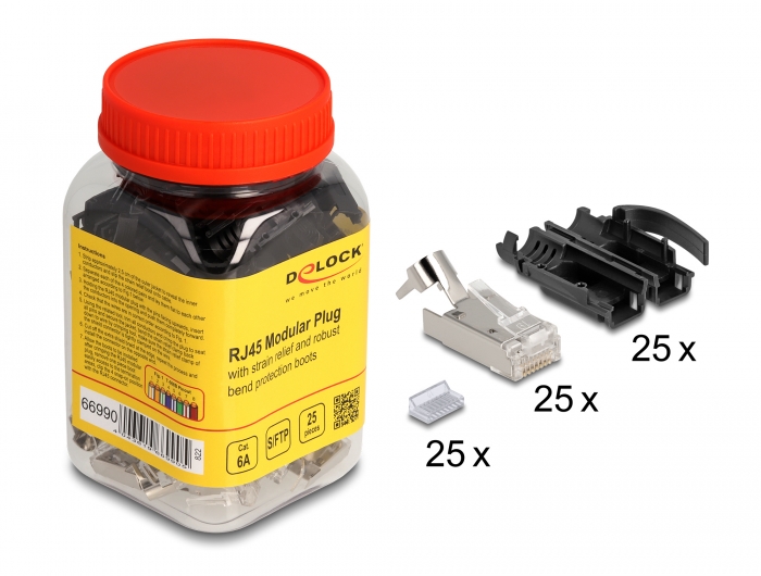 Delock RJ45 Modularer Stecker mit Zugentlastung Cat.6A und robuster Knickschutztülle 25er Set #1 