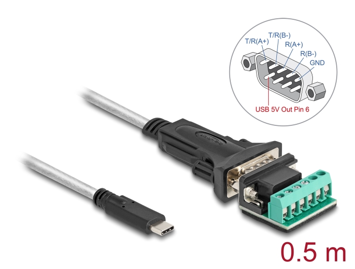 Delock Adapter USB Type-C™ zu 1 x Seriell RS-422/485 Stecker mit 6 Pin Terminalblock 5 V 0,5 m #1 