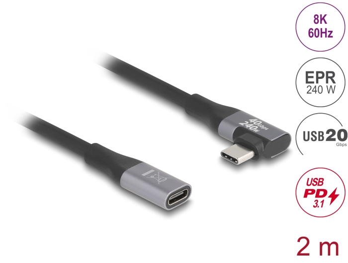 Delock USB 20 Gbps Verlängerungskabel gewinkelt links / rechts USB PD 3.1 Extended Power Range 240 W 2 m #1 