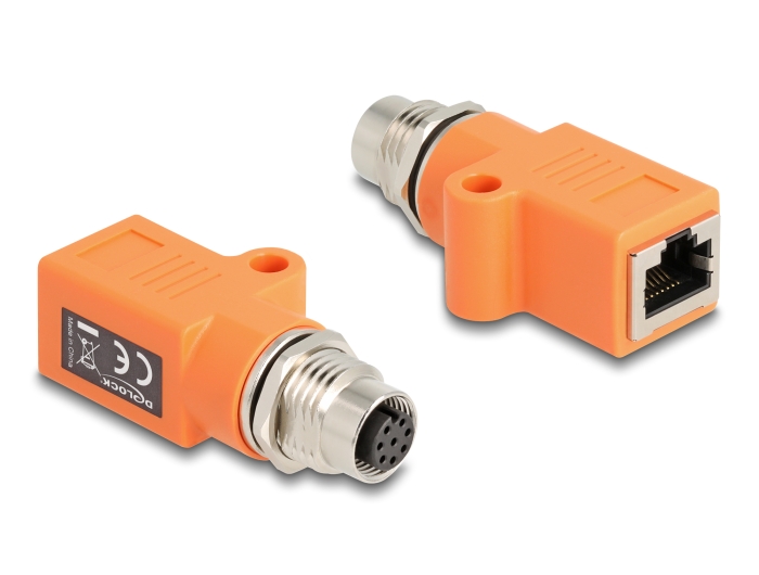 Delock M12 Adapter A-kodiert 8 Pin Buchse zu RJ45 Buchse Cat.5e mit Befestigungsloch gerade orange #1 