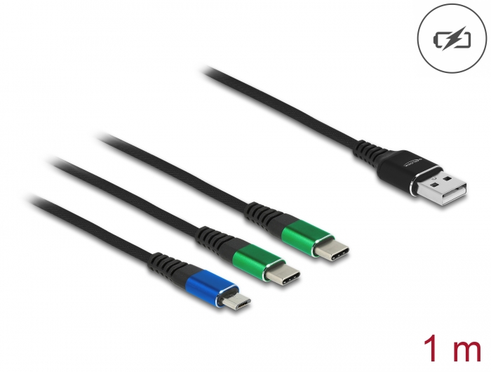 Delock USB Ladekabel 3 in 1 Typ-A zu Micro USB / 2 x USB Type-C™ 1 m #1 