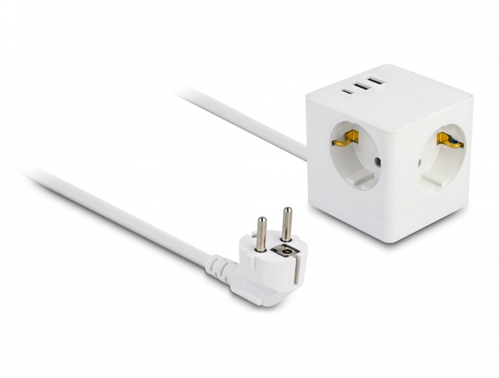 Delock Steckdosenwürfel mit Verlängerungskabel 3-fach mit Kindersicherung und USB Ladegerät, 1,5 m Kabel, weiß #1 