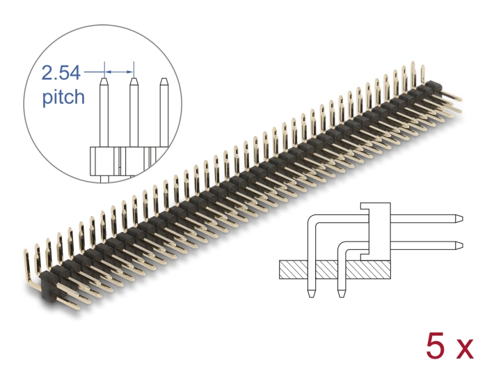 Delock Stiftleiste 40 Pin, Rastermaß 2,54 mm, 2-reihig, gewinkelt, 5 Stück #1 