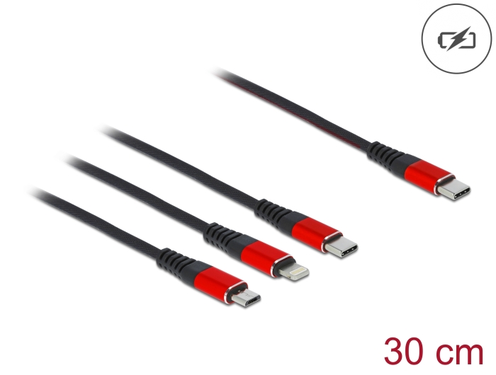 Delock USB Ladekabel 3 in 1 USB Type-C™ zu Lightning™ / Micro USB / USB Type-C™ 30 cm schwarz / rot #1 