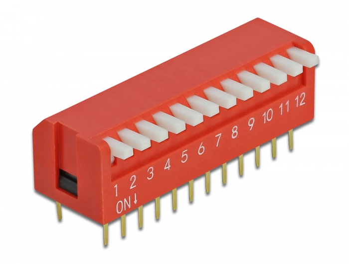 Delock DIP-Kippschalter Piano 12-stellig 2,54 mm Rastermaß THT vertikal rot 2 Stück #2 