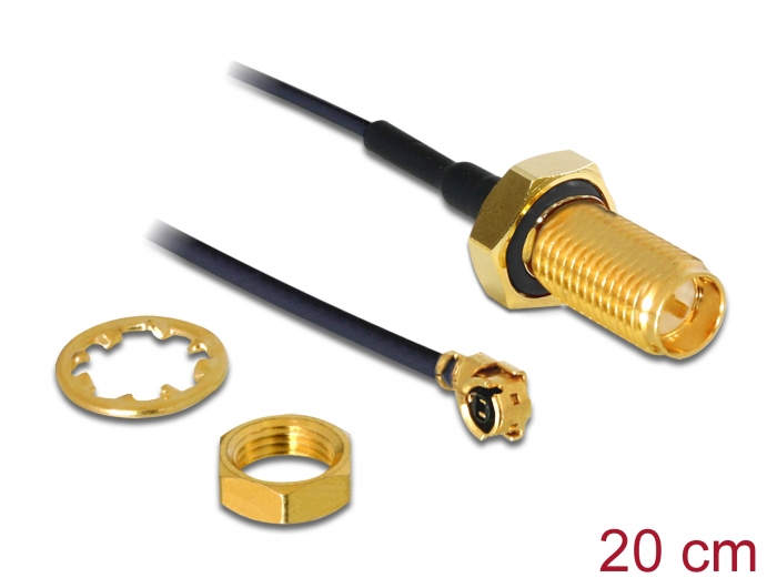 Delock Antennenkabel RP-SMA Buchse zum Einbau zu I-PEX Inc., MHF® I Stecker 1.13 20 cm Gewindelänge 10 mm spritzwassergeschützt #1 