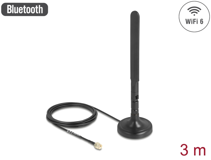 Delock WiFi 6 Antenne RP-SMA Stecker 3 dBi omnidirektional mit Anschlusskabel RG-174 3 m mit Kippgelenk mit magnetischem Standfuß schwarz #1 