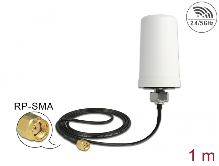 Delock WLAN 802.11 ac/a/h/b/g/n Antenne RP-SMA Stecker 1,4 - 3 dBi omnidirektional mit Anschlusskabel (ULA 100, 1 m) weiß outdoor #1 