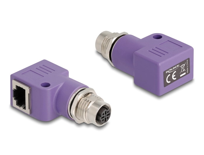 Delock M12 Adapter D-kodiert 4 Pin Buchse zu RJ45 Buchse Cat.5e mit Befestigungsloch 90° gewinkelt violett #1 