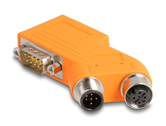Delock D-Sub 9 Stecker und Buchse zu M12 Stecker und Buchse A-kodiert 5 pin CAN Bus Verteiler 35° orange #1 