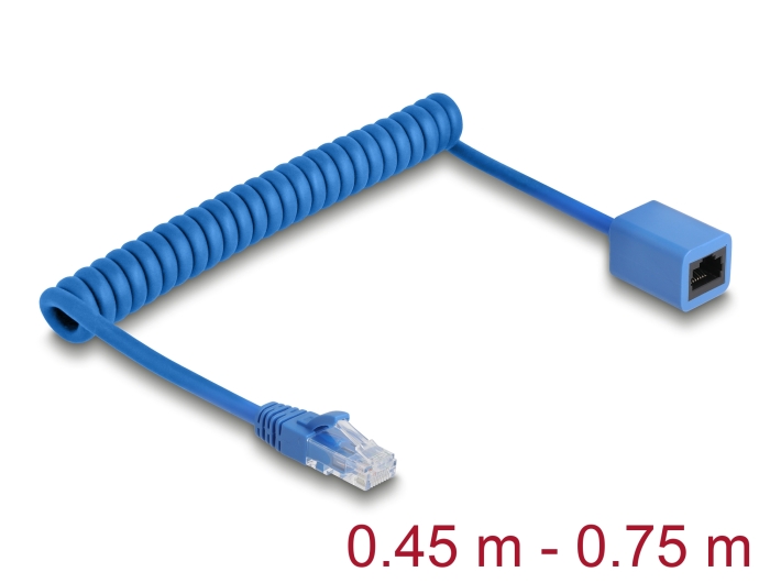 Delock RJ45 Spiralkabel Stecker zu Buchse Cat.6 UTP 0,45 m bis 0,75 m blau #1 