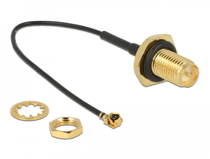 Delock Antennenkabel RP-SMA Buchse zum Einbau zu I-PEX Inc., MHF® I Stecker 1.13 10 cm Gewindelänge 9 mm spritzwassergeschützt #2 