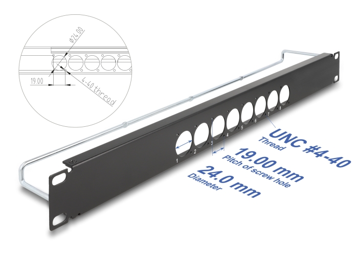 Delock 19″ D-Typ Patchpanel mit Entlastungsschiene 8 Port mittig 1 HE schwarz #1 