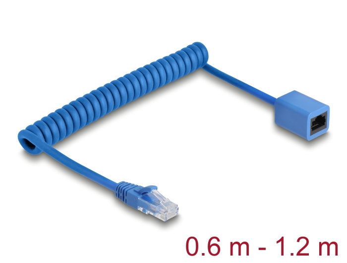 Delock RJ45 Spiralkabel Stecker zu Buchse Cat.6 UTP 0,6 m bis 1,2 m blau #1 