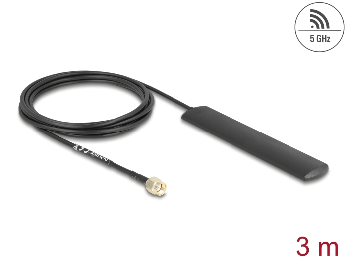 Delock WiFi 5,8 GHz Antenne RP-SMA Stecker 3 dBi omnidirektional mit Anschlusskabel RG-174 3 m schwarz Klebemontage #1 