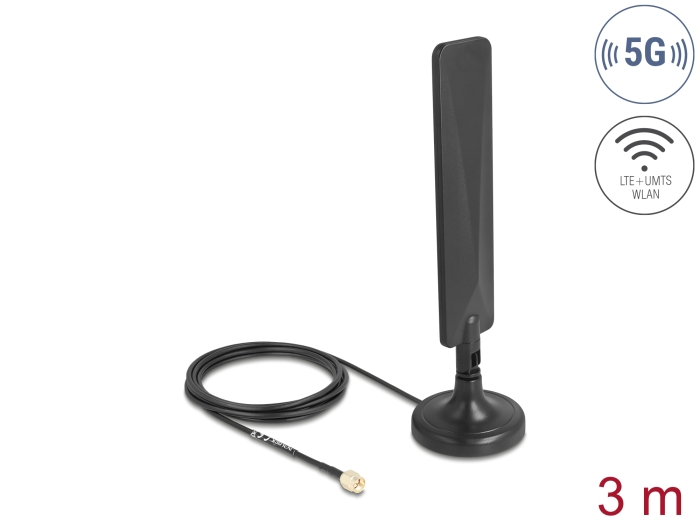 Delock 5G LTE Antenne SMA Stecker 3 dBi omnidirektional mit Anschlusskabel RG-174 3 m mit Kippgelenk mit magnetischem Standfuß schwarz #1 