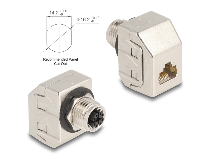 Delock M12 Adapter X-kodiert 8 Pin Buchse zu RJ45 Buchse Cat.6A STP Metall #1 