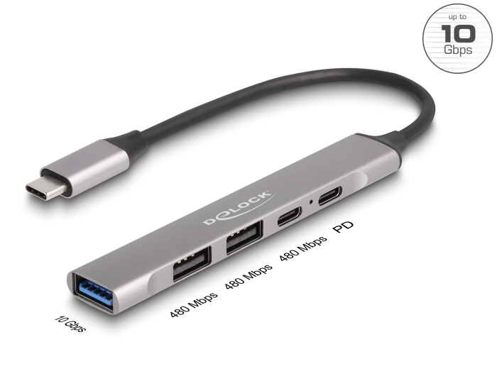 Delock 4 Port Slim USB Type-C™ Hub mit 1 x USB 10 Gbps Typ-A + 2 x USB 2.0 Typ-A + 1 x USB 2.0 USB Type-C™ und PD 95 W #1 