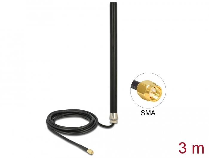 Delock LTE UMTS GSM Antenne SMA Stecker 3 dBi omnidirektional starr mit Anschlusskabel RG-58, 3 m Wandmontage outdoor schwarz #1 