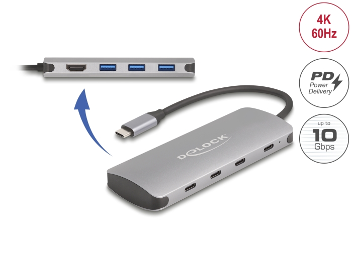 Delock 7 Port USB 10 Gbps Hub und 4K HDMI Ausgang mit USB Type-C™ Anschluss und PD 3.0 90 Watt #1 