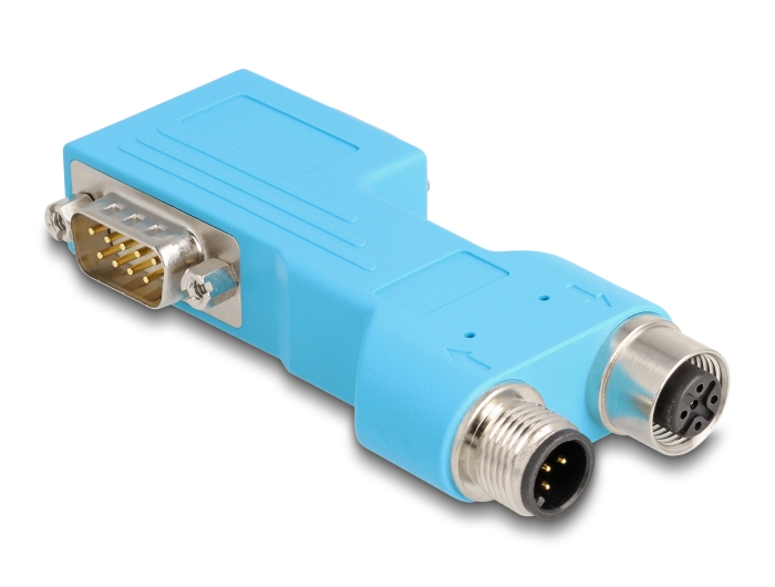 Delock D-Sub 9 Stecker und Buchse zu M12 Stecker und Buchse A-kodiert 5 pin CAN Bus Verteiler 90° blau #1 