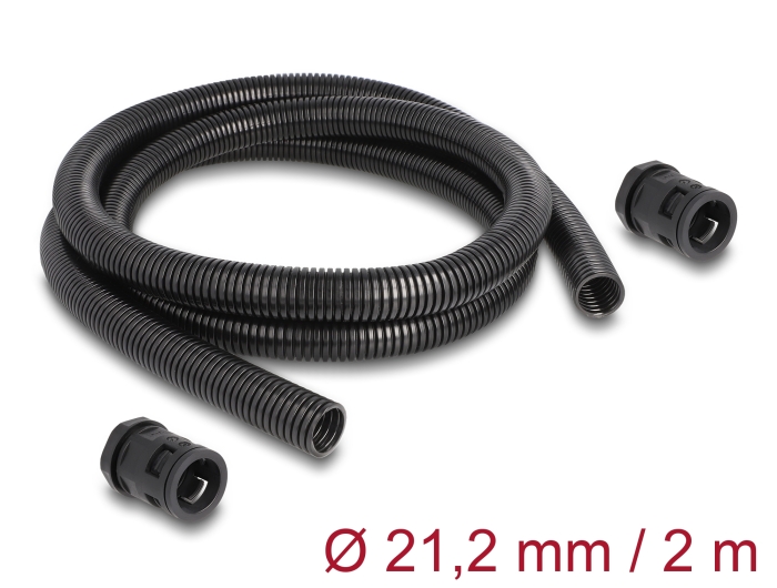 Delock Kabelschutzschlauch 2 m x 21,2 mm mit 2 x PG16 Schlauchverschraubung Set schwarz #1 
