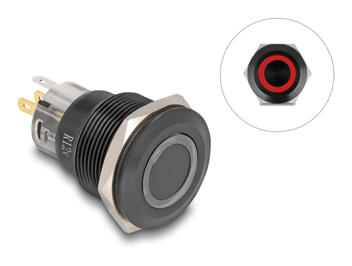 Delock Druckschalter zum Einbau schwarz 22 mm 12 V 5 x Lötanschluss LED rot Ring #1 