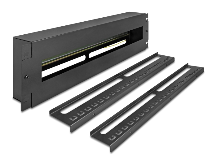Delock 19″ Schutzschalterleiste mit Abdeckung und Hutschiene inklusive 2 x Kabelzugentlastungsschiene 3 HE Metall schwarz #1 