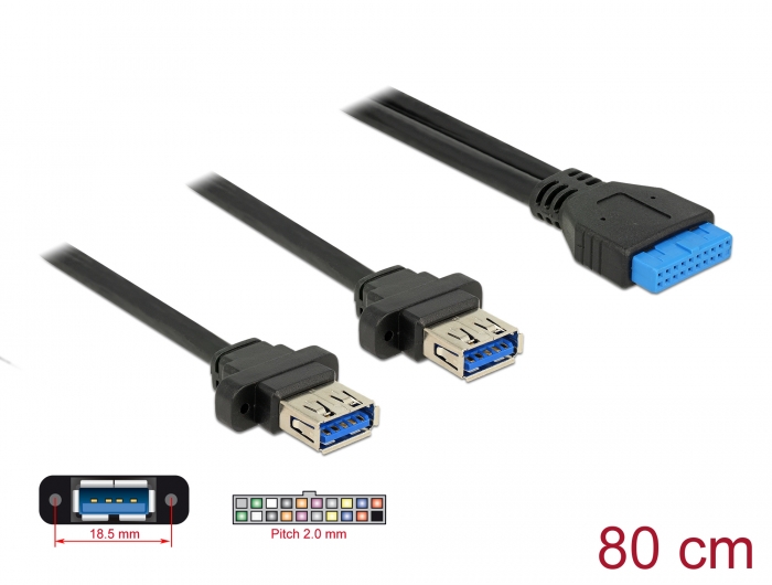 Delock Kabel USB 3.0 Pfostenbuchse 2,00 mm 19 Pin > 2 x USB 3.0 Typ-A Buchse zum Einbau 80 cm #1 